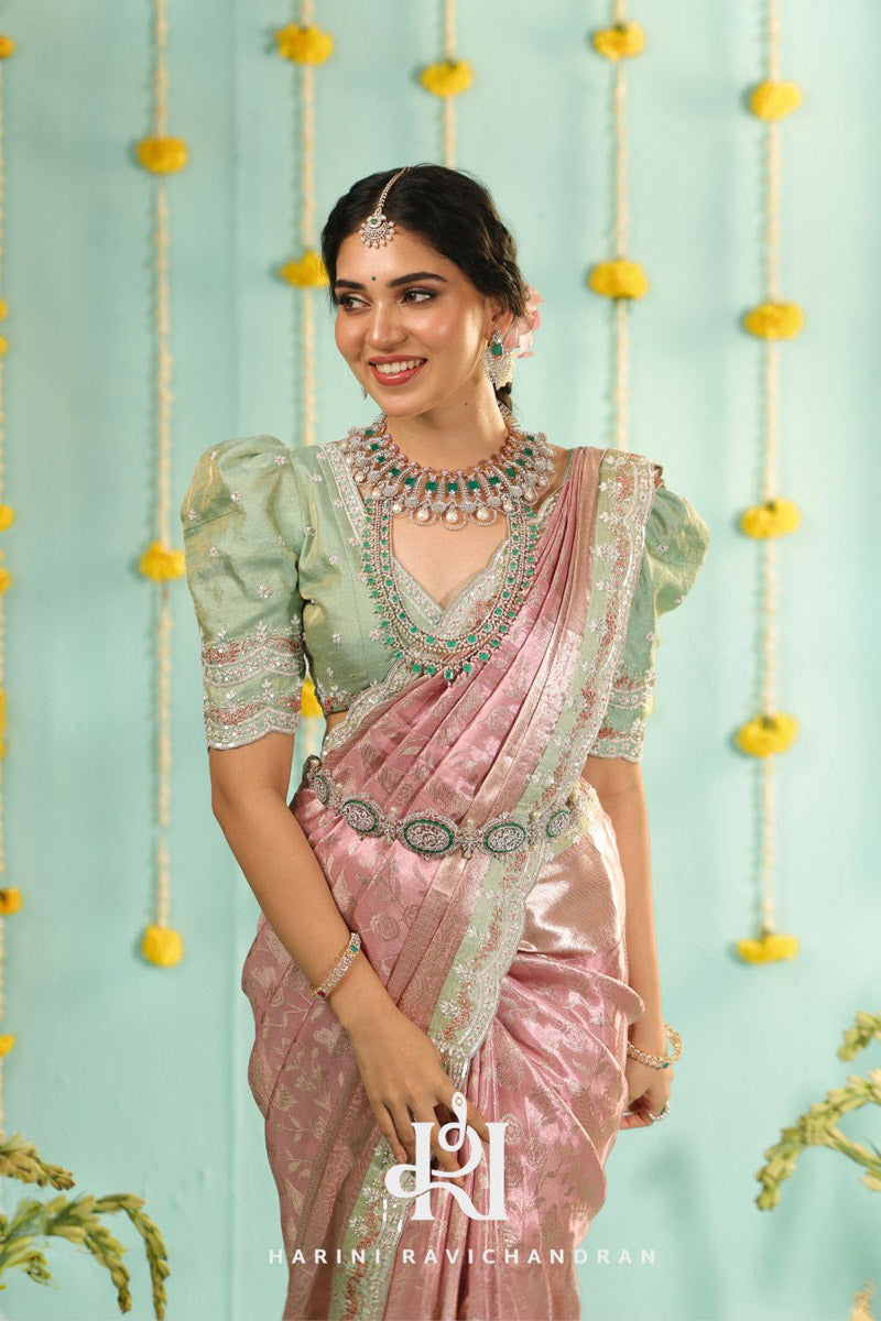 Chithirai series -pastel pink and green bridal muhurtham saree