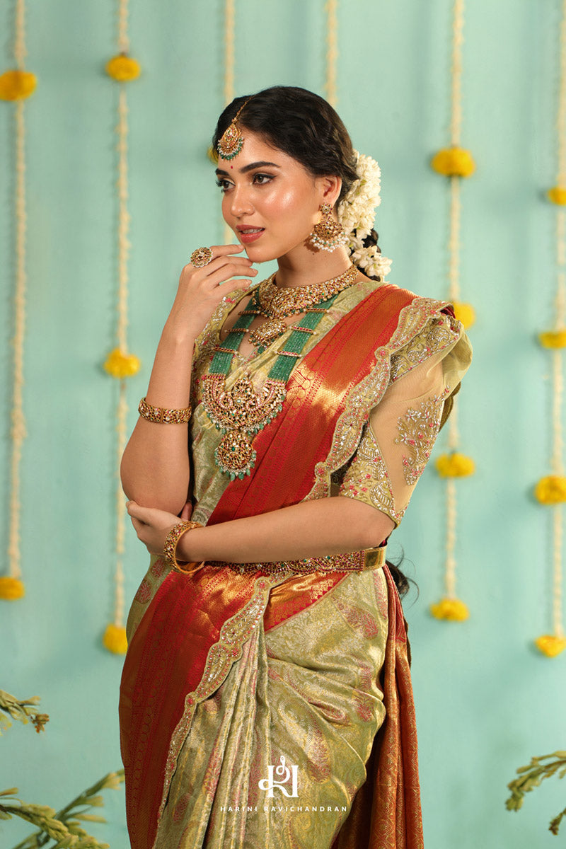 Chithirai series - green and red paisley bridal muhurtham saree