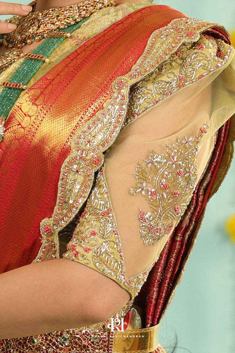 Chithirai series - green and red paisley bridal muhurtham saree