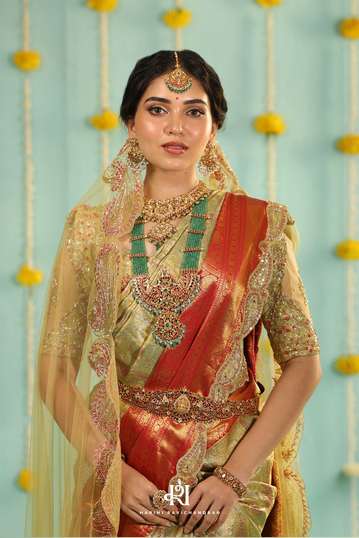 Chithirai series - green and red paisley bridal muhurtham saree