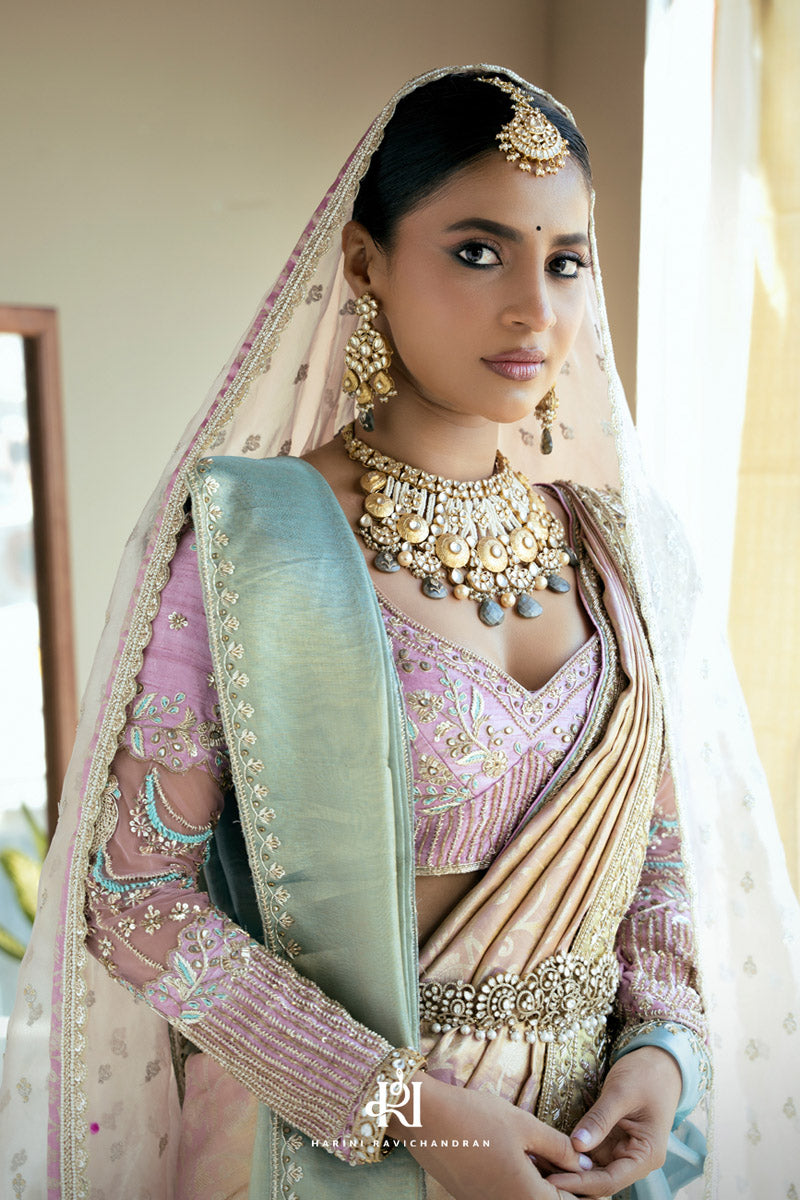 Chithirai series - pastel pink muhurtham saree with double dupatta