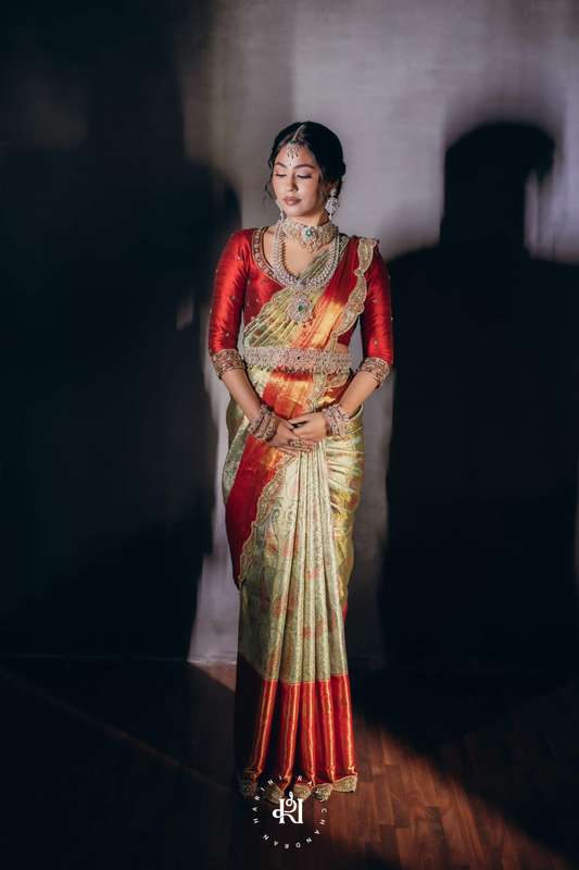 Chithirai series - green and red paisley bridal muhurtham saree