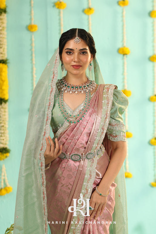 Chithirai series -pastel pink and green bridal muhurtham saree