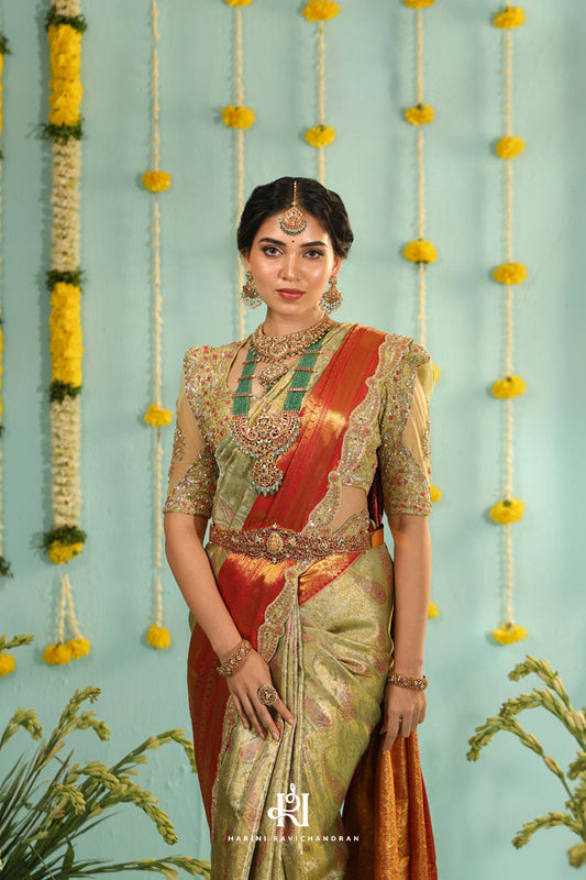 Chithirai series - green and red paisley bridal muhurtham saree