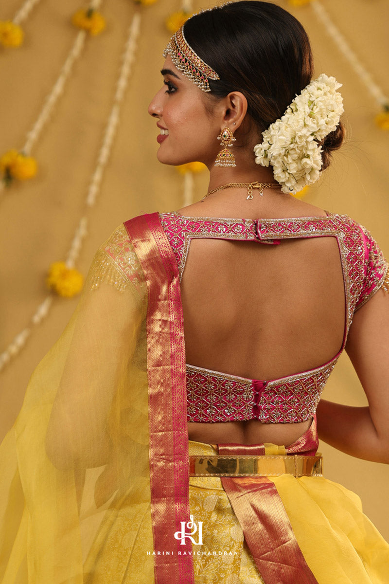 Samandhi - kanjivaram half saree in yellow and pink