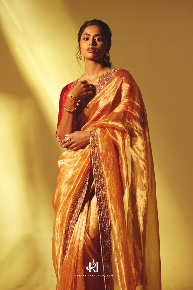 The varaha series - mustard gold and red tissue saree