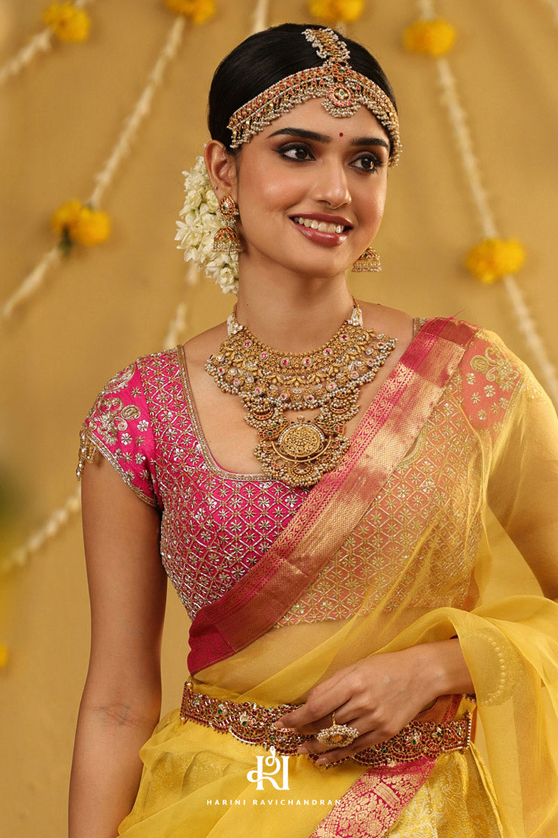 Samandhi - kanjivaram half saree in yellow and pink