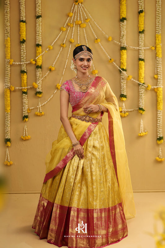 Samandhi - kanjivaram half saree in yellow and pink