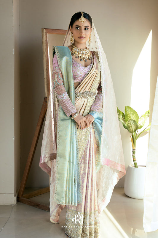 Chithirai series - pastel pink muhurtham saree with double dupatta